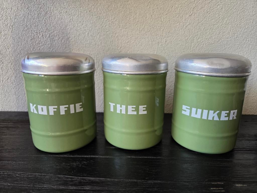 Koffie,  thee, suiker voorraadbus. Groen emaille., Antiek en Kunst, Antiek | Emaille, Ophalen of Verzenden