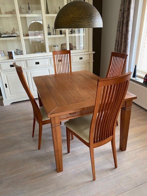Kersen tafel handgemaakt met 6 stoelen, Ophalen, 50 tot 100 cm, Zo goed als nieuw, Kersenhout