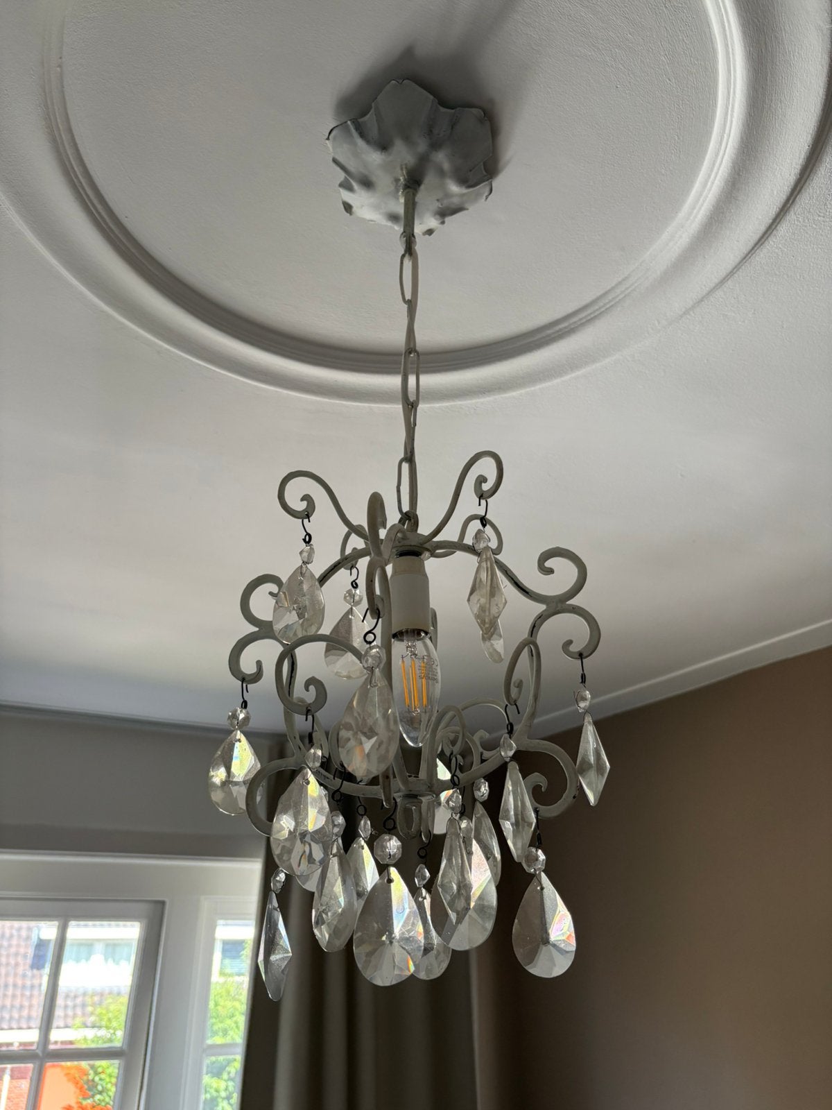 Sfeervolle hanglamp - wit - glas, Huis en Inrichting, Lampen | Kroonluchters, Ophalen, Gebruikt, Metaal