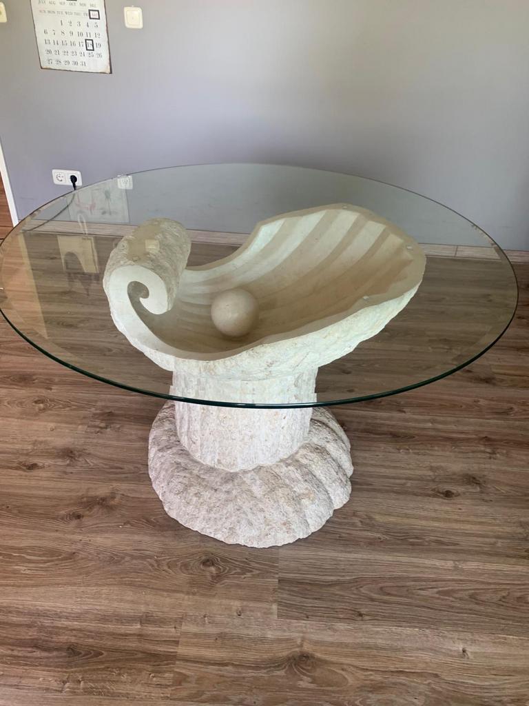 Unieke Schelp / Parel Eetkamertafel - Glas & Steen, Ophalen, Gebruikt, 100 tot 150 cm, Rond