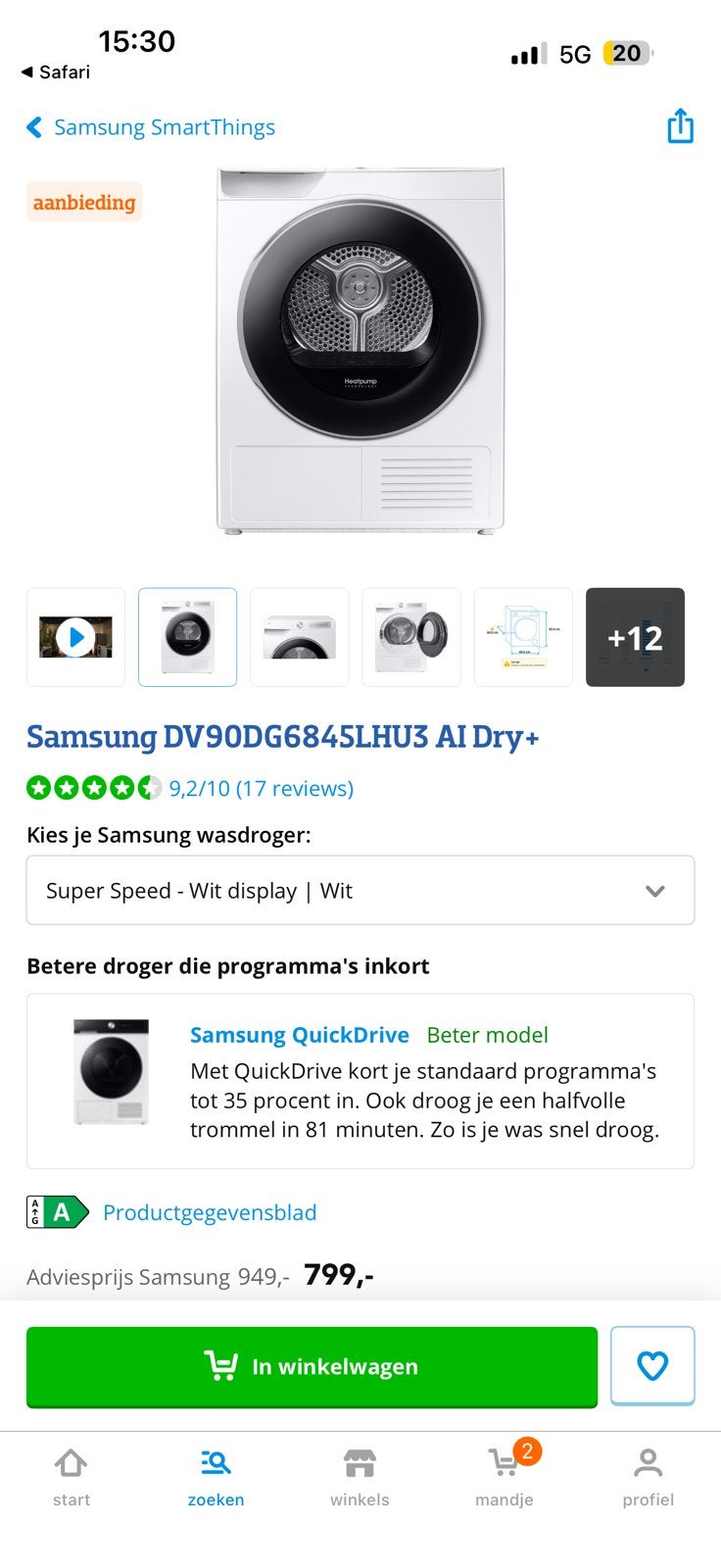 Droger, Ophalen, Zo goed als nieuw, 1200 tot 1600 toeren