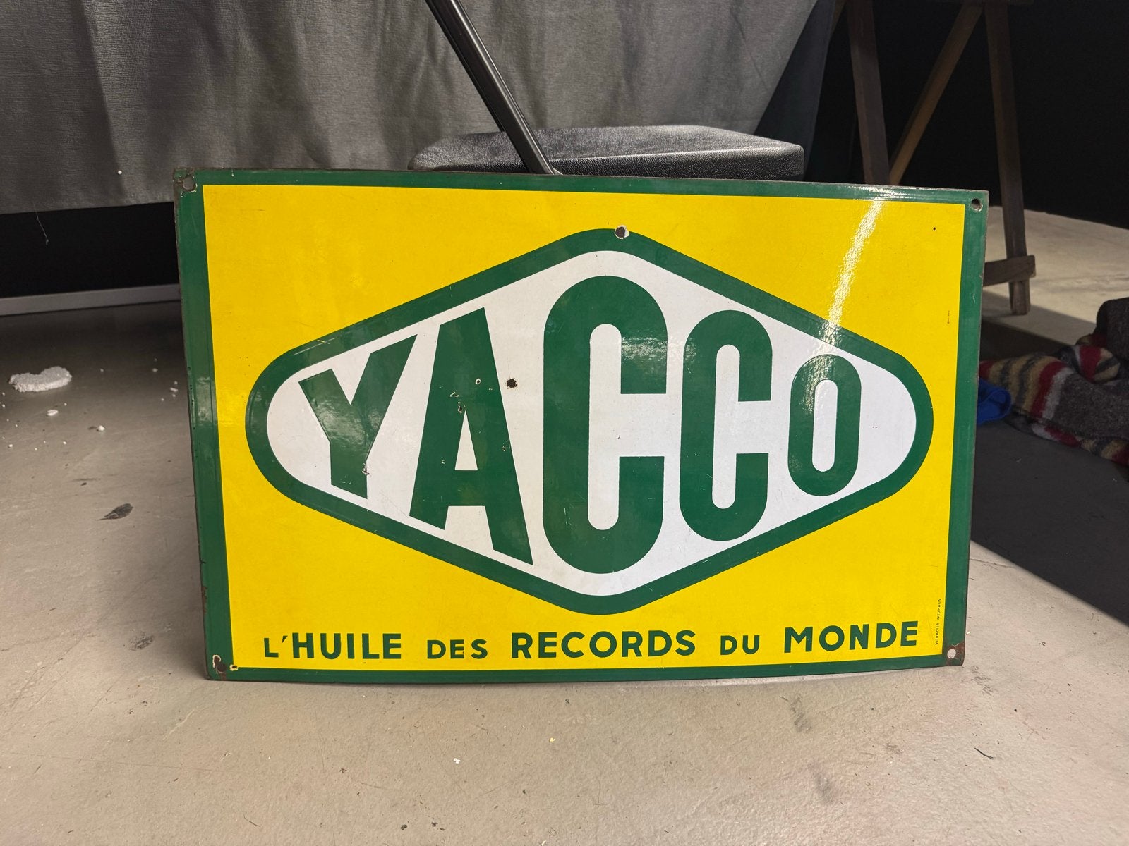 Vintage Yacco Emaille Reclamebord - "L'HUILE DES RECORDS DU, Ophalen of Verzenden