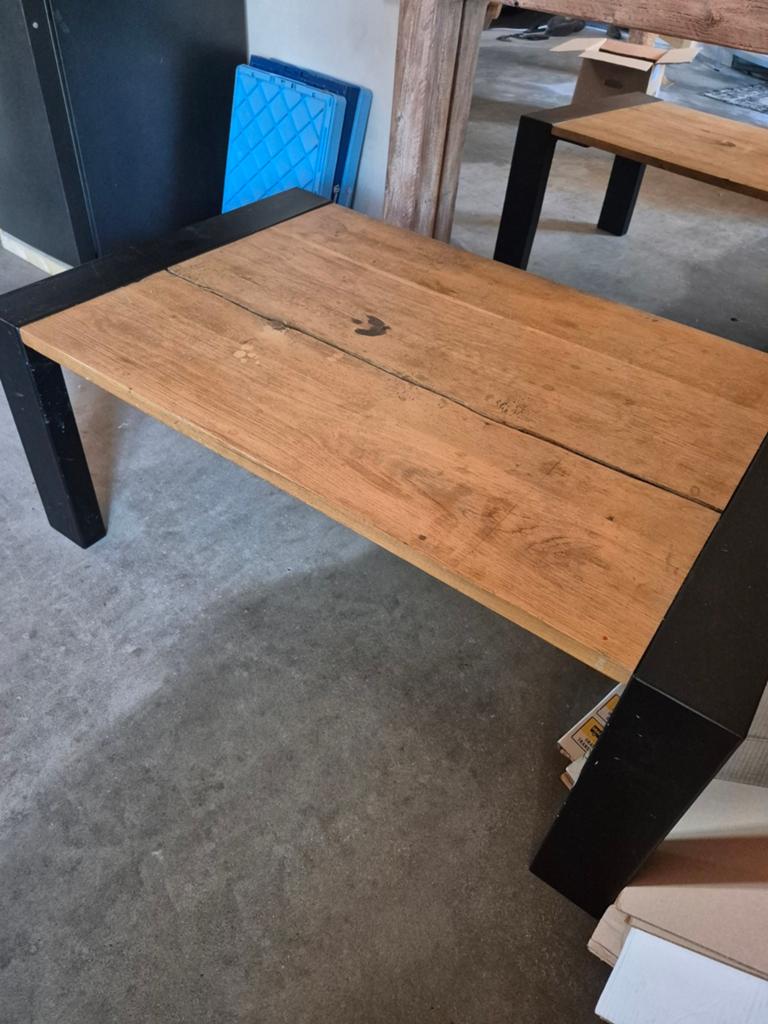 Robuust stalen eiken tafel, Gebruikt, 100 tot 150 cm, Eikenhout, Rechthoekig