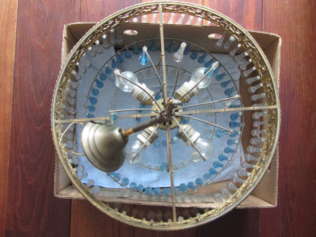 Hanglamp, oud, bronskleurige metaal, glazen pegels, Ophalen, Gebruikt, Glas, 75 cm of meer