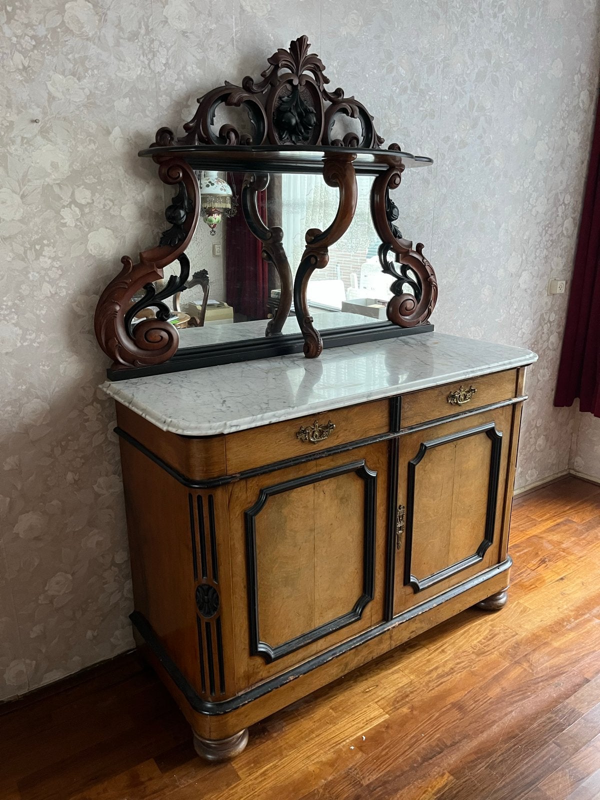 Antiek Willem lll dressoir met spiegel en marmeren blad, Ophalen