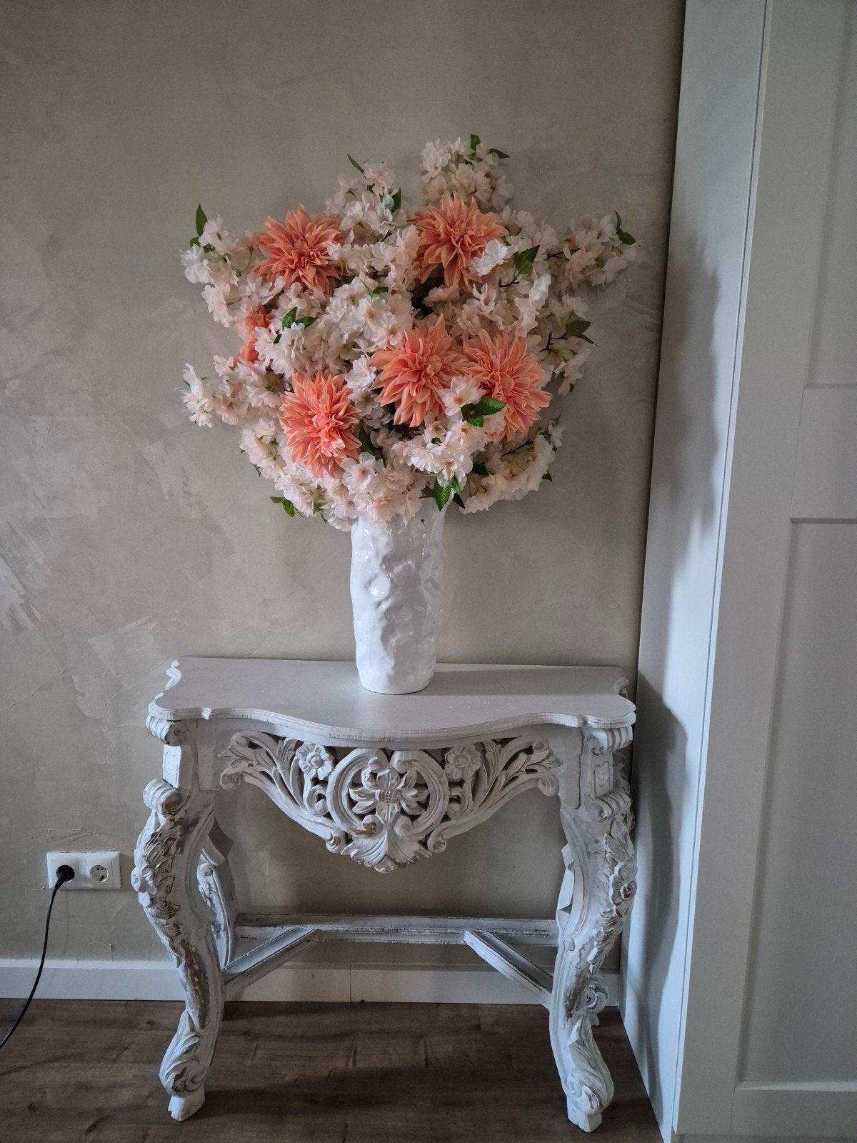 Prachtig zijde kunstboeket kersenbloesem & dahlia's, Binnen, Roze, Zijde, Zo goed als nieuw