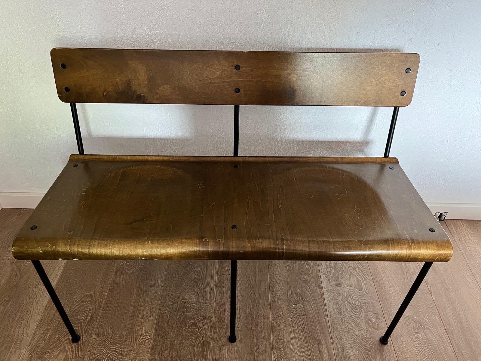 Vintage houten bankje met metalen woood schoolbank, Ophalen