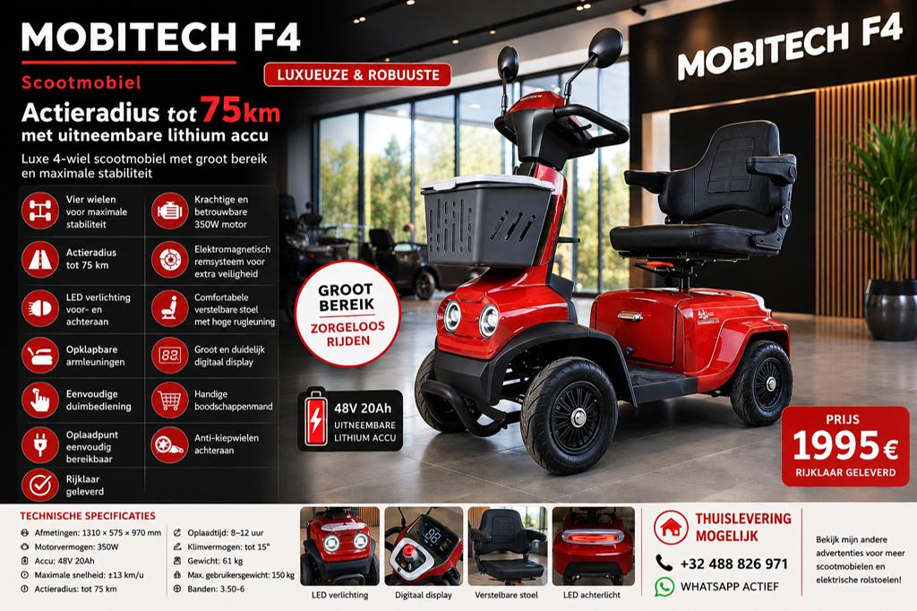 2026 MOBIETECH F4 Scootmobiel - met uitneembare lithium accu, Ophalen of Verzenden, Inklapbaar, Nieuw, Elektrische rolstoel