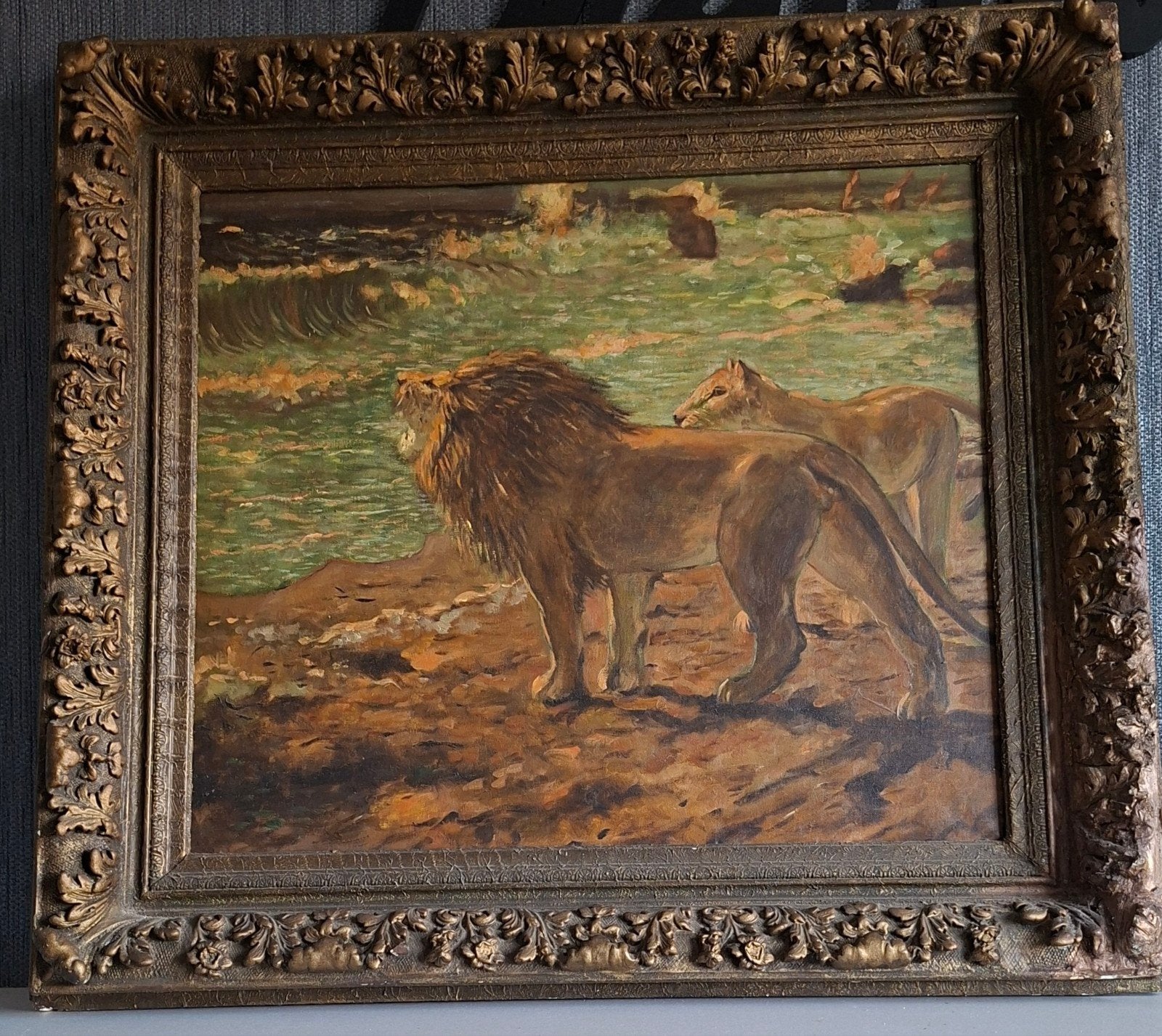 prachtig groot antiek schilderij met mooie gips  lijst, Antiek en Kunst, Ophalen