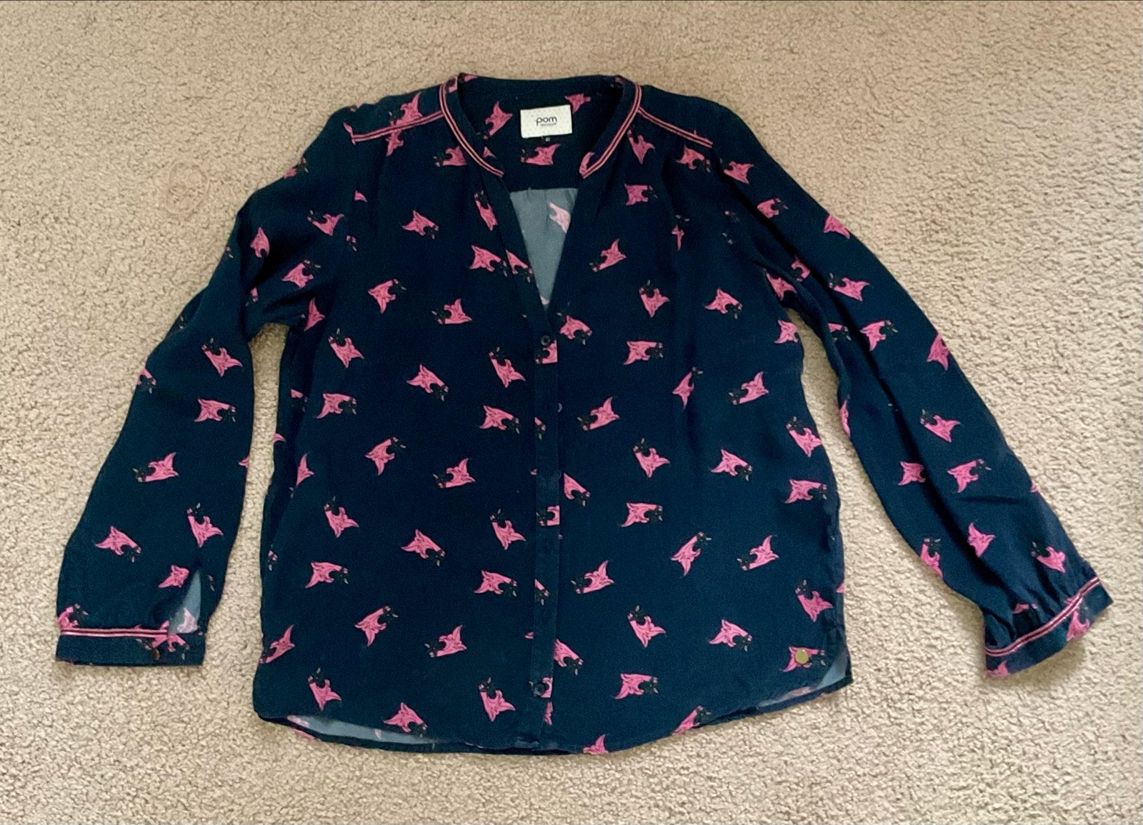 Pom Amsterdam Blouse Donkerblauw met Roze Print Maat 40, Ophalen of Verzenden, Gedragen, Maat 38/40 (M), Blauw