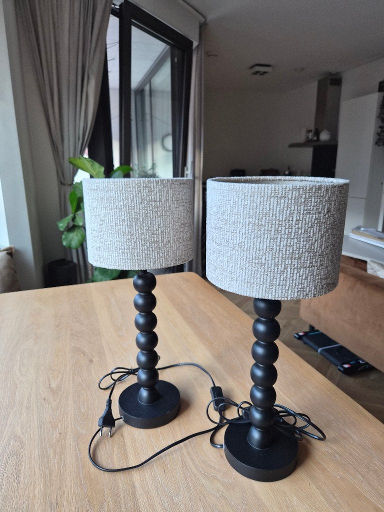 Set van 2 zwarte tafellampen met beige stoffen kap, Met schakelaar, Ophalen, 49 cm, Beige