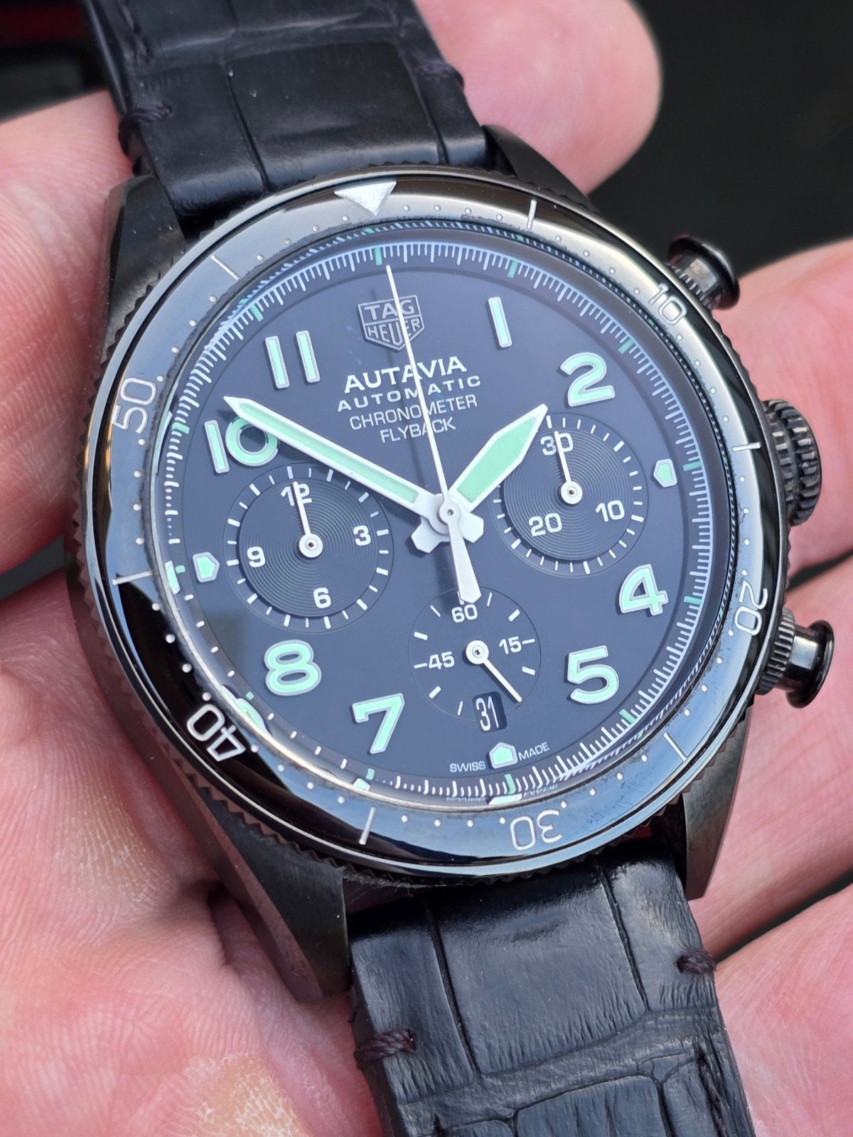 Tag-Heuer autavia flyback Black edition fullset, Leer, Staal, Polshorloge, Ophalen of Verzenden