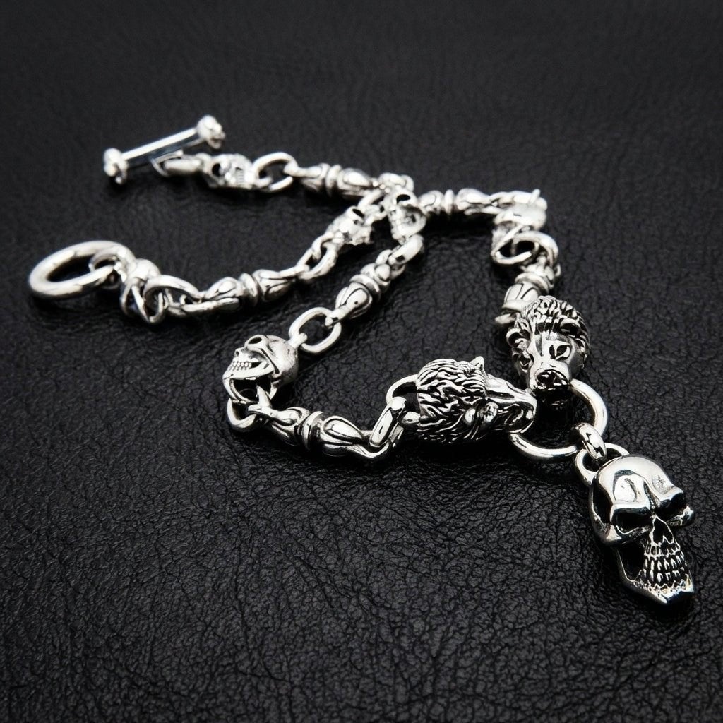 Sterling Zilveren skull en leeuwen ketting, Met hanger, Ophalen of Verzenden, Zo goed als nieuw, Zilver