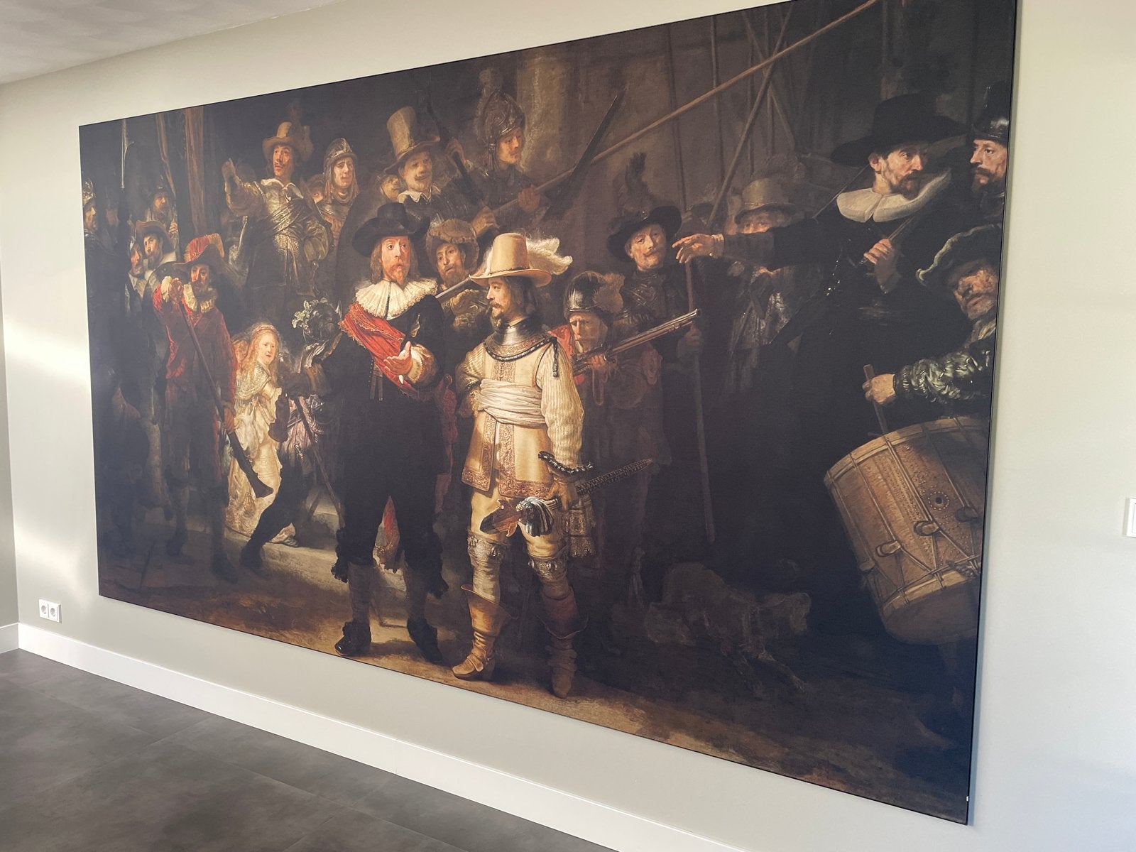 Groot Rembrandt schilderij (De Nachtwacht) - Geluiddempend, Antiek en Kunst, Kunst | Schilderijen | Klassiek, Doek, Portret of Personen