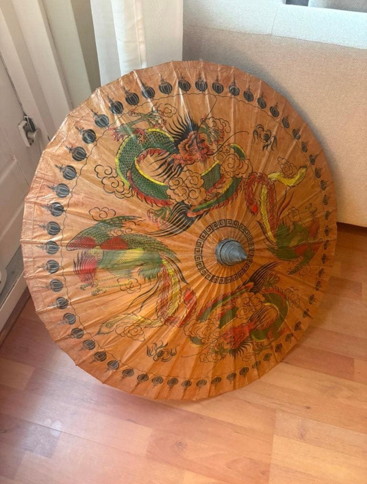 Vintage Chinese oliepapier parasol (jaren '70)Draak & Feniks, Ophalen