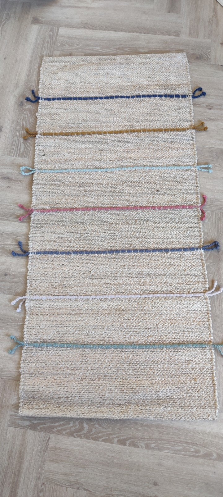 Ikea Lohals Vloerkleed Jute met Gekleurde Strepen, Ophalen, Bohemian, Natuurlijk, Speels, Gebruikt, 100 tot 150 cm