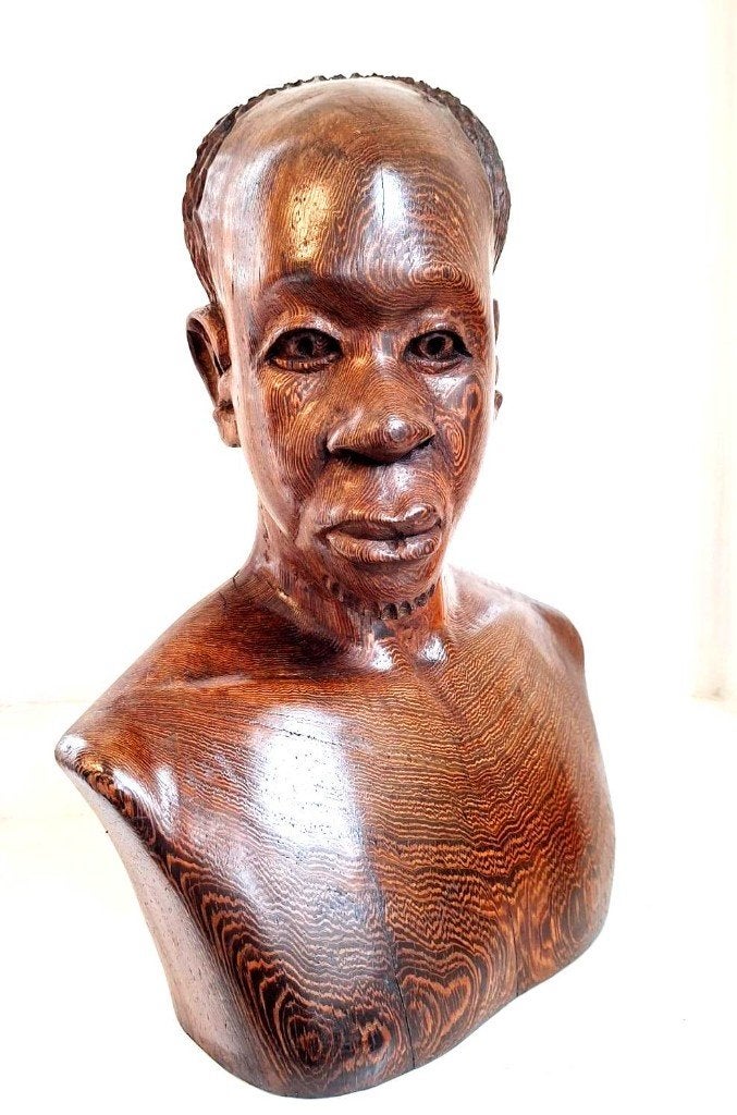 Schitterende Houten Buste Afrikaanse Man Joseph Bansimba, Buste, Ophalen of Verzenden, Handgemaakt, Hout