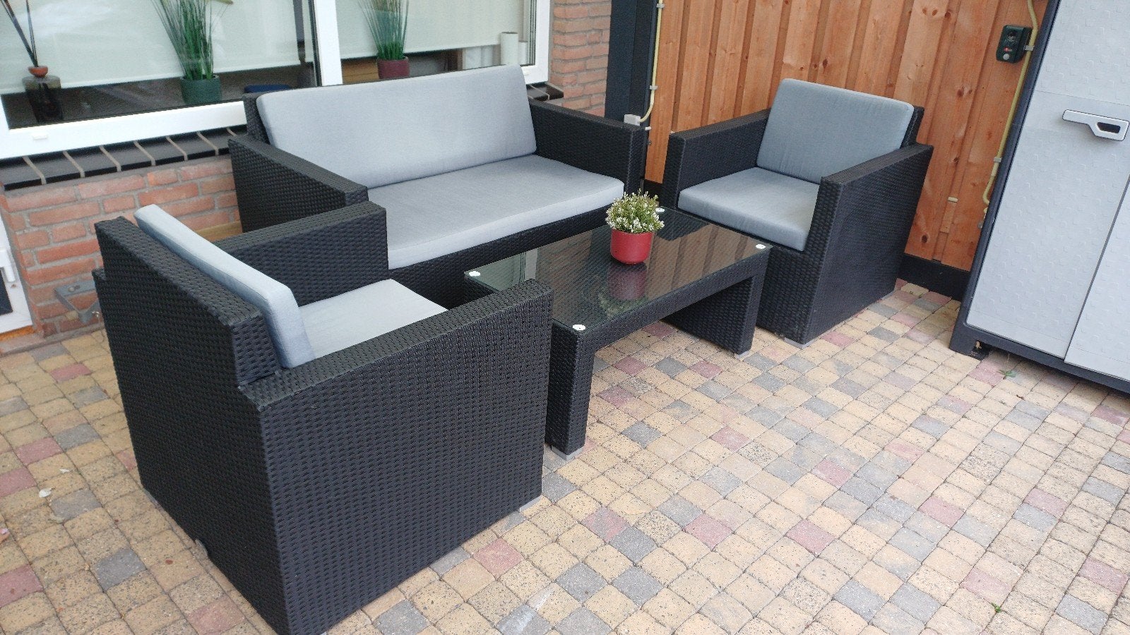 Lounge set /tuinset = Bank +2x stoelen +tafel met glasplaat, Tuin en Terras, Ophalen, 4 zitplaatsen, Gebruikt, Bank