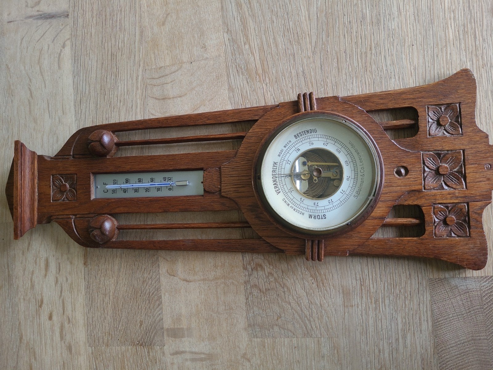 Antiek Houten Barometer en Thermometer, Ophalen of Verzenden, Gebruikt, Weerstation