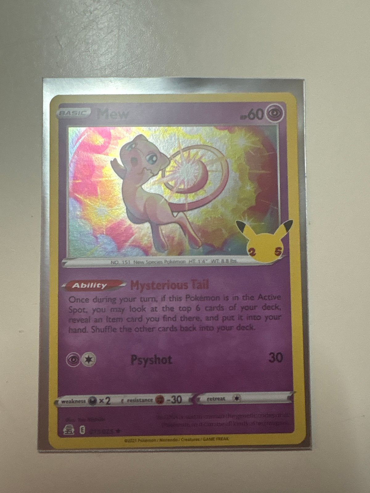 Pokémon Mew Celebrations Holo Kaart (25th Anniversary), Ophalen of Verzenden, Zo goed als nieuw, Losse kaart, Foil