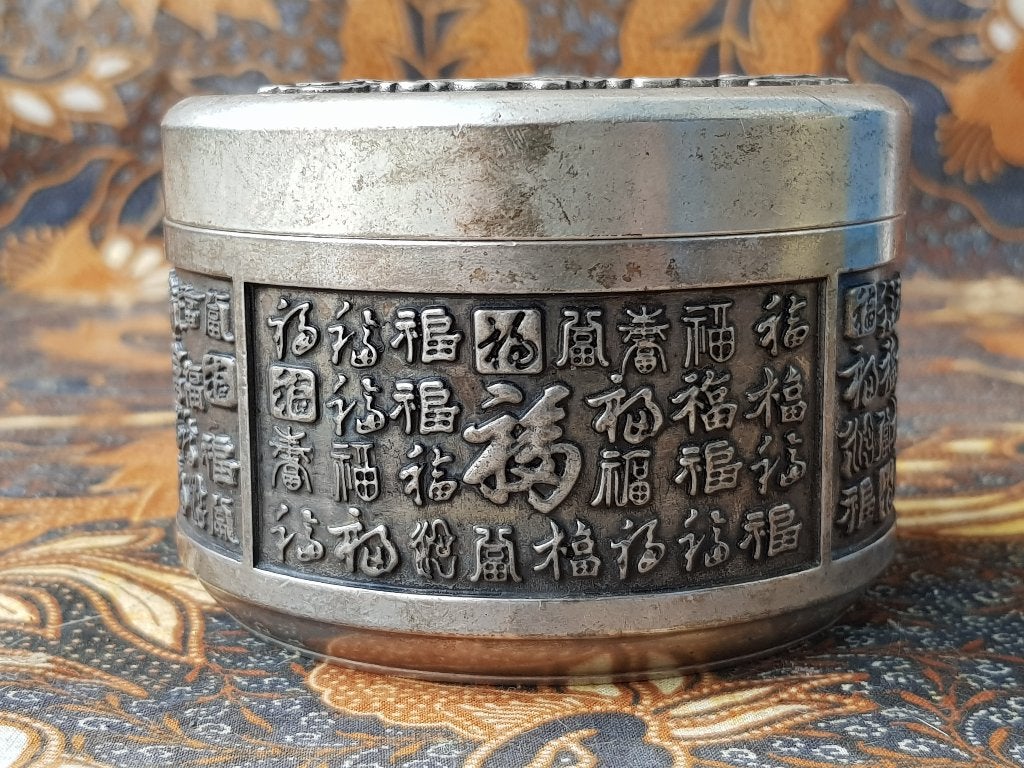 Mooie antiek Chinees zilverbrons doosje met karakters 9,2 cm, Antiek en Kunst, Zilver, Gemerkt, Doos, Ophalen of Verzenden