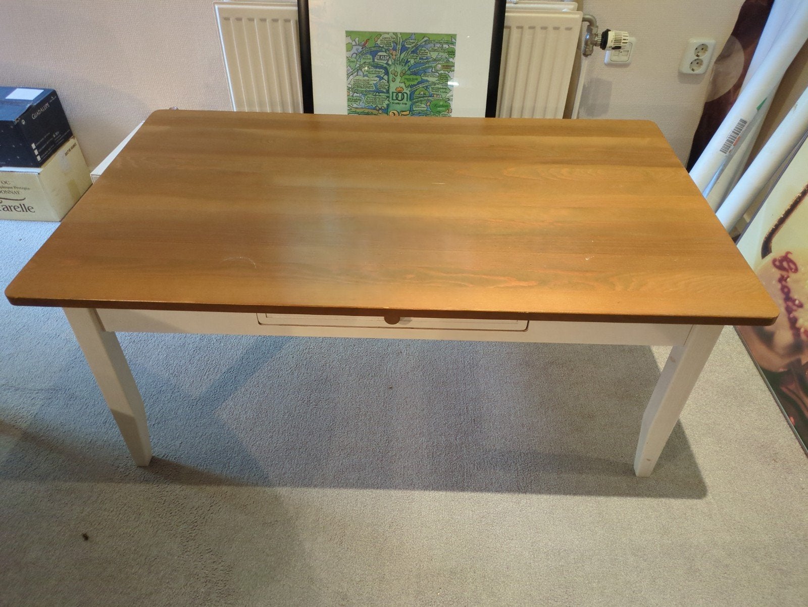Houten eettafel met wit onderstel en lade. 120x75x50, Huis en Inrichting, Tafels | Eettafels, Ophalen, Gebruikt, 100 tot 150 cm