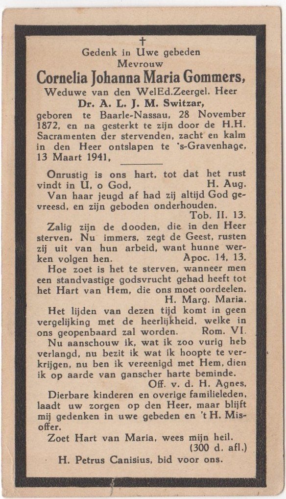 Cornelia Gommers 1892 Baarle-Nassau + 1941 Den Haag, 48 jr, Verzenden