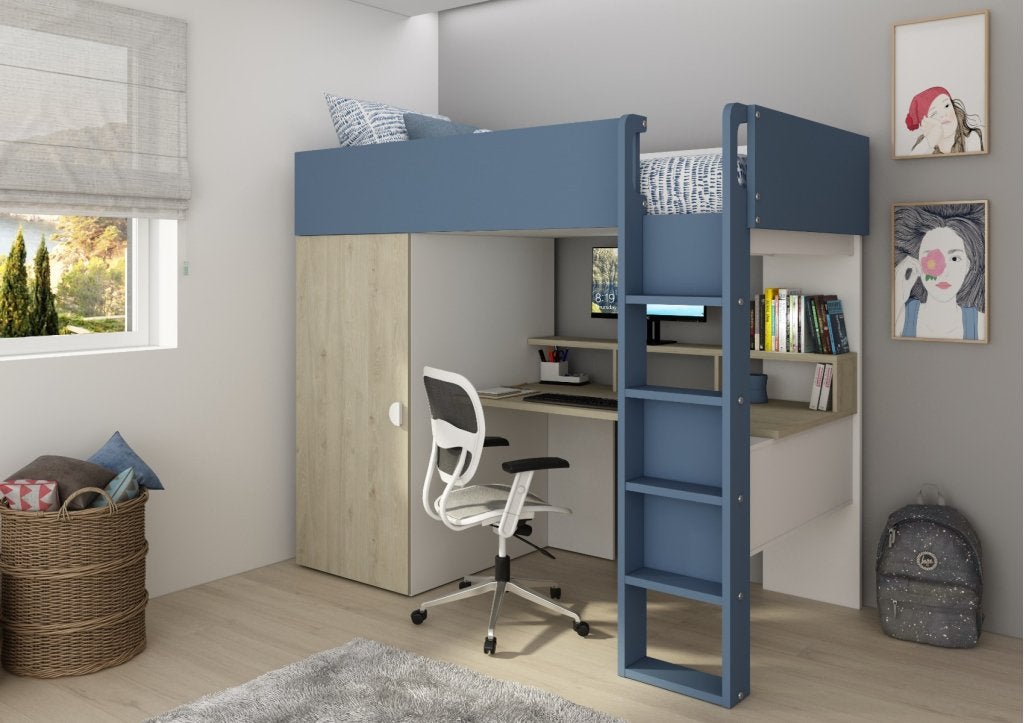 Flow hoogslaper met bureau en kast - 90x200 - Eiken/blauw, Niet ingevuld, Niet ingevuld, Niet ingevuld