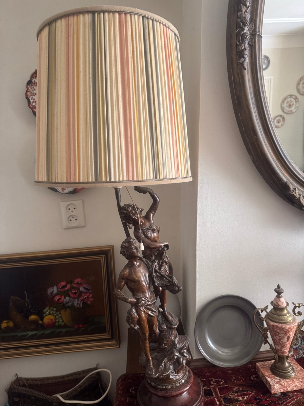 Art Nouveau Lamp brons Hollywood Regency zijden kap, Antiek en Kunst, Ophalen