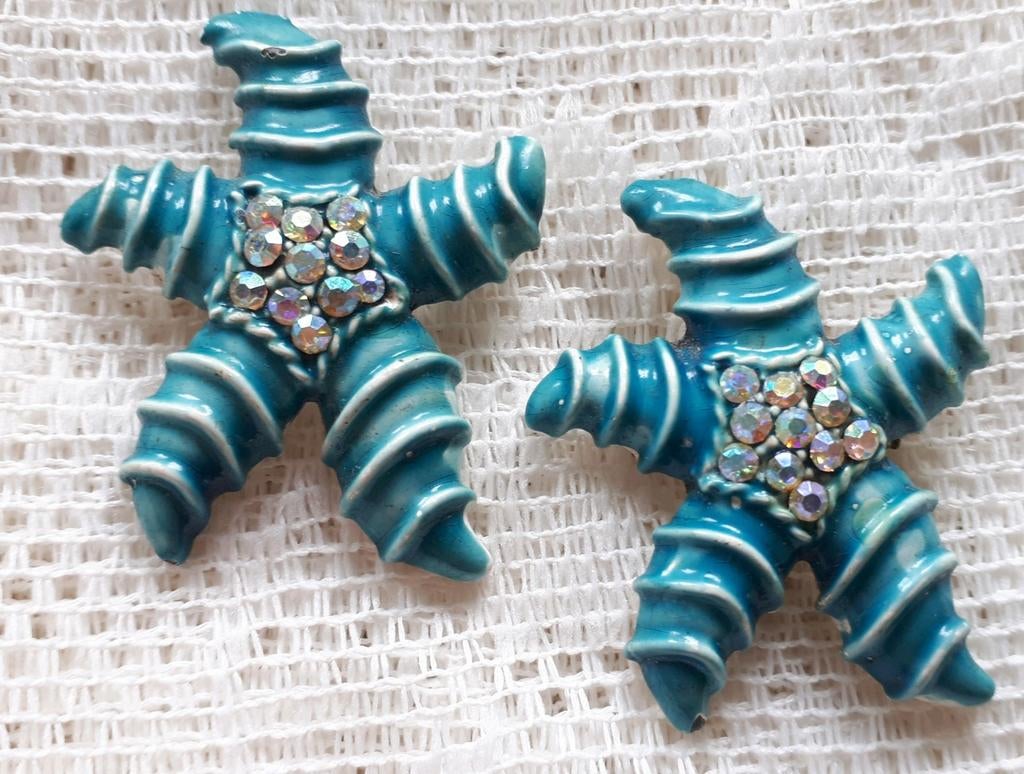 Vintage Zeester Broches, Emaille en Aurora Borealis Rijnst., Sieraden, Tassen en Uiterlijk, Antieke sieraden, Verzenden, Overige materialen