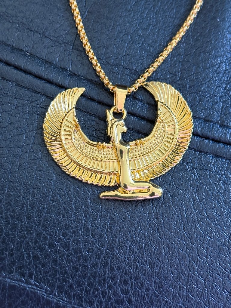 RVS ketting met Godin Isis met gespreide vleugels goudkleur, Nieuw, Ophalen of Verzenden, Goud, Overige materialen
