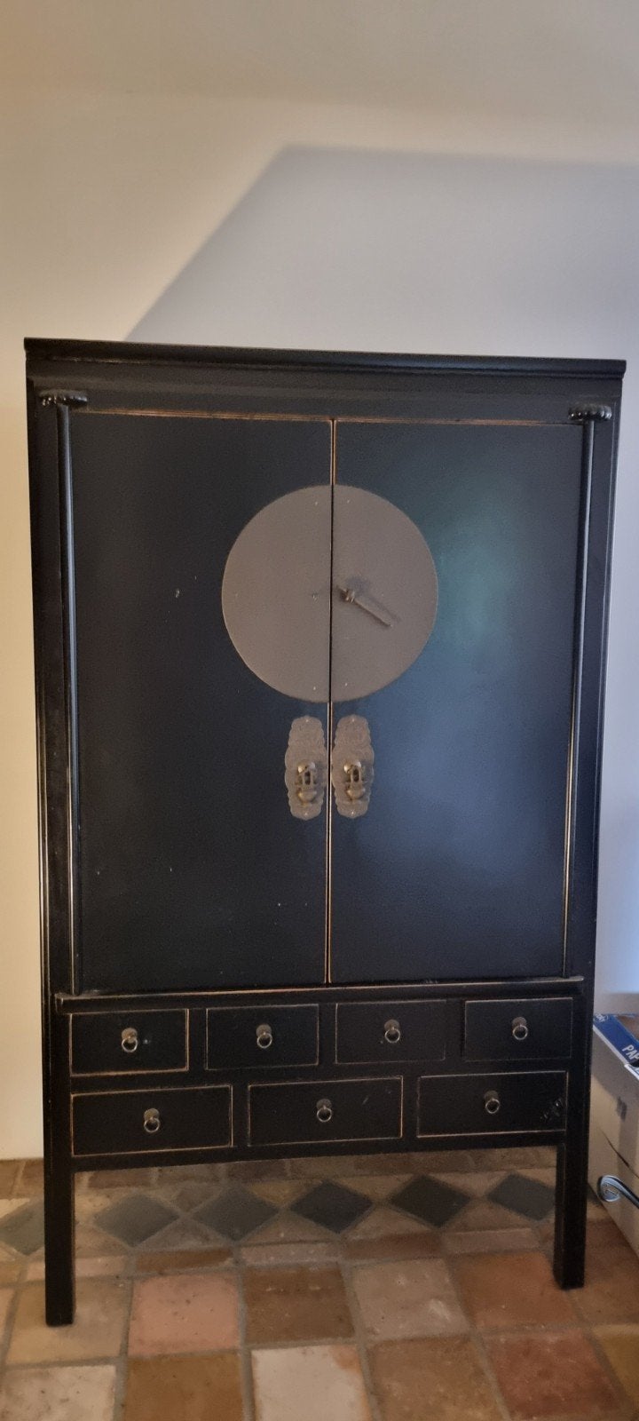 2x Chinees zwart gelakt kabinet met ronde deuren, Antiek en Kunst, Ophalen