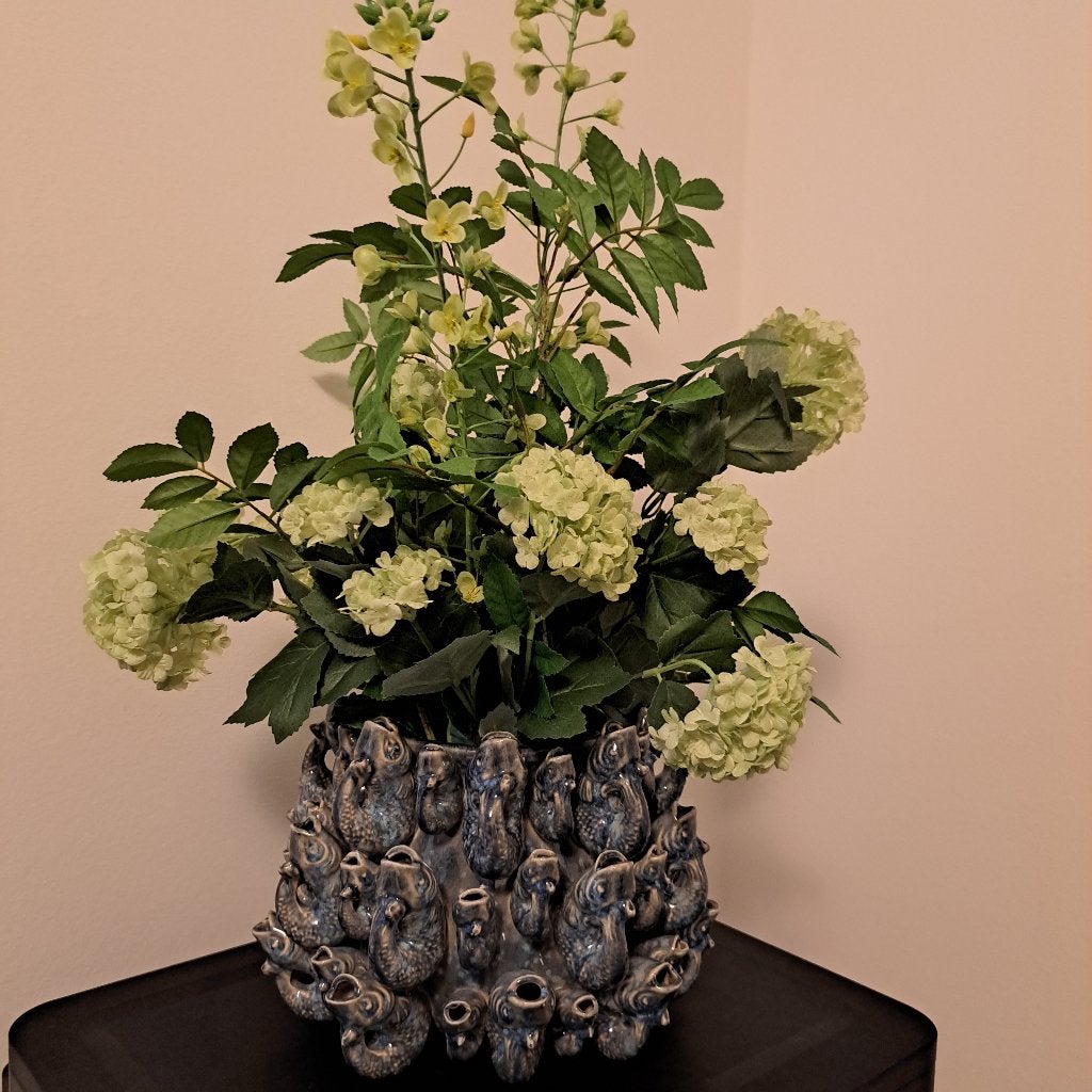 Des Pots vissenbloempot met kunstbloemen, Ophalen, Rond, Binnen, Zo goed als nieuw
