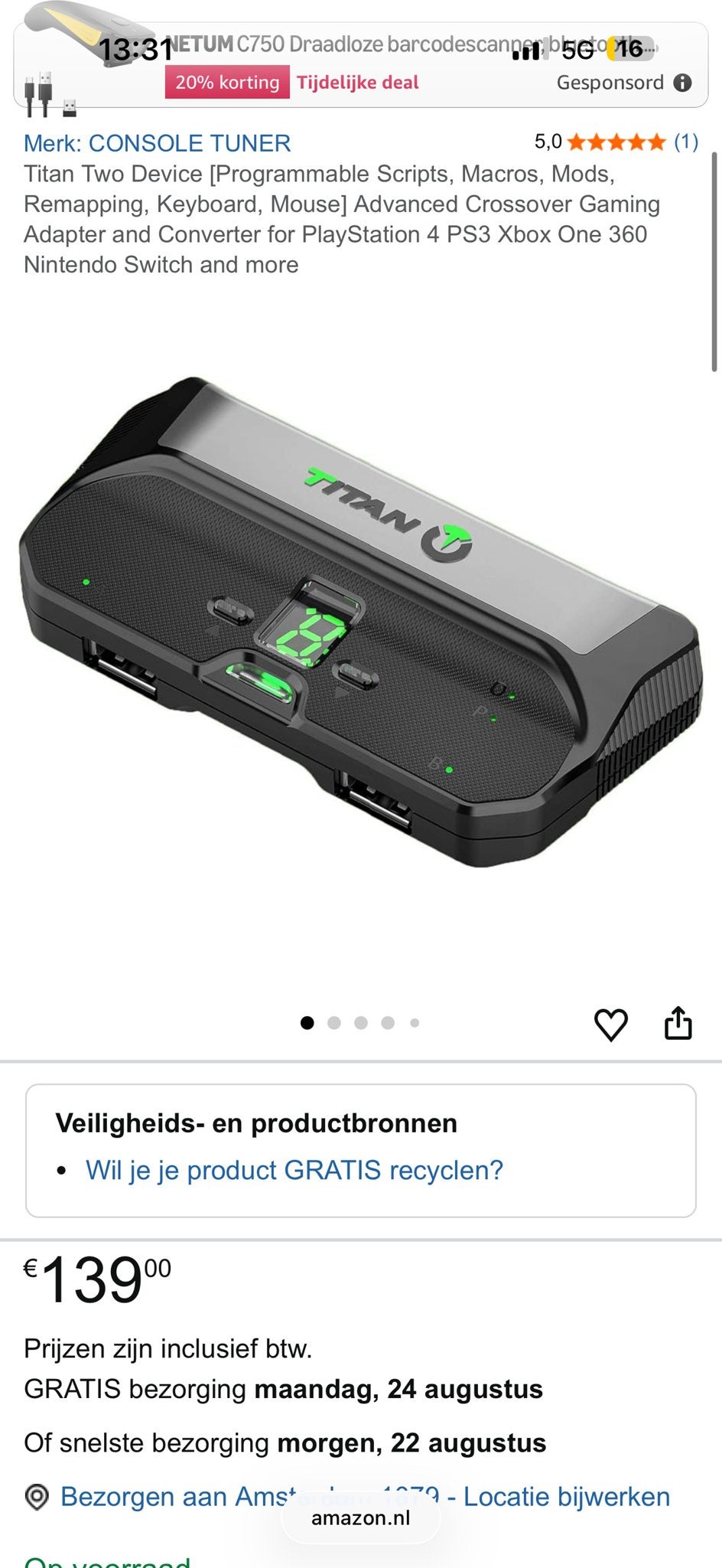 Titan Two Device voor PS5 - Gaming Adapter en Converter, Zo goed als nieuw, Overige typen, Overige merken, PlayStation