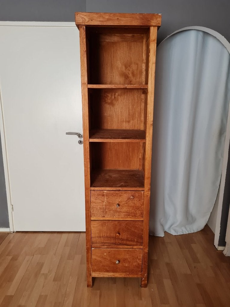 teak kast hoog en smal met 3 lades, Ophalen, Met plank(en), Gebruikt, Teakhout