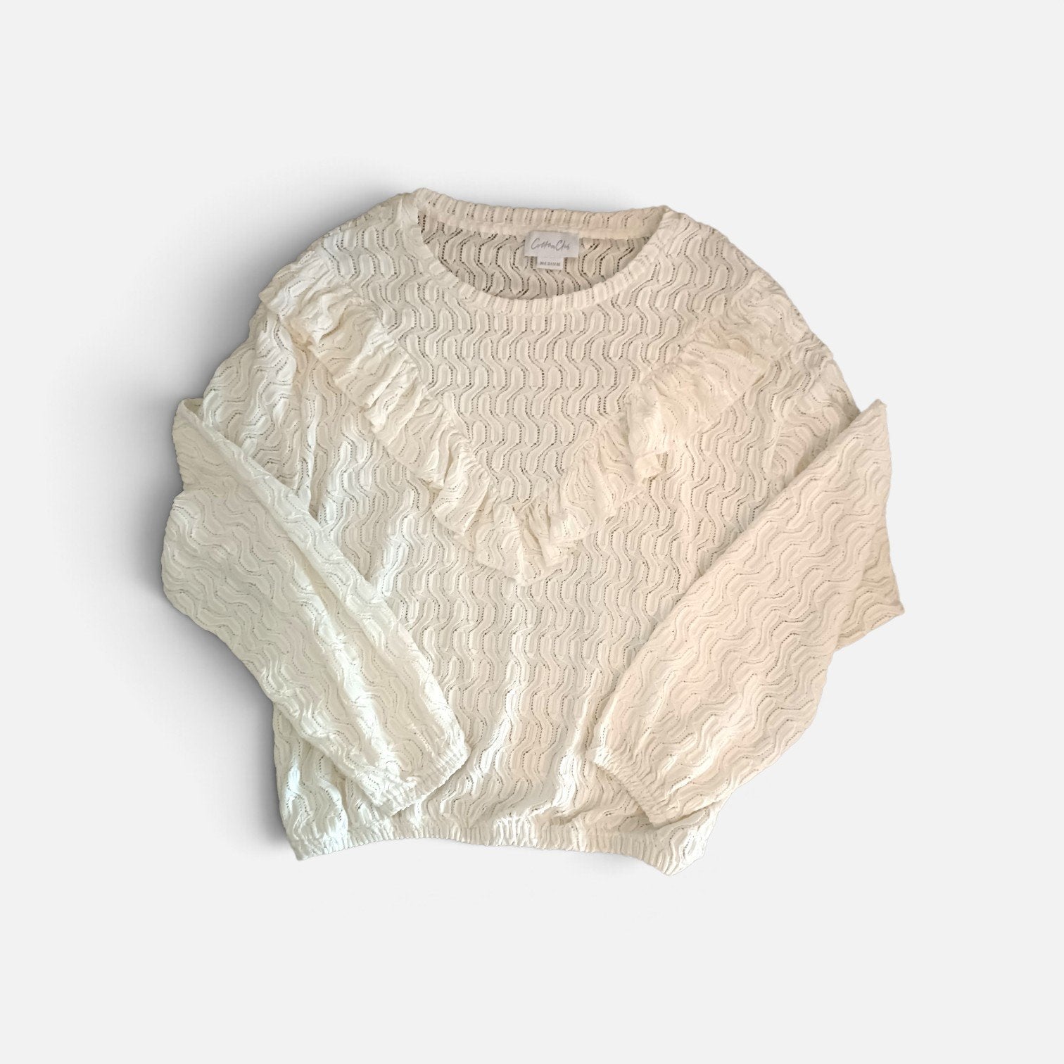Opengewerkte trui met ruches Cotton Club – Maat M, Maat 38/40 (M), Wit, Ophalen of Verzenden, Zo goed als nieuw