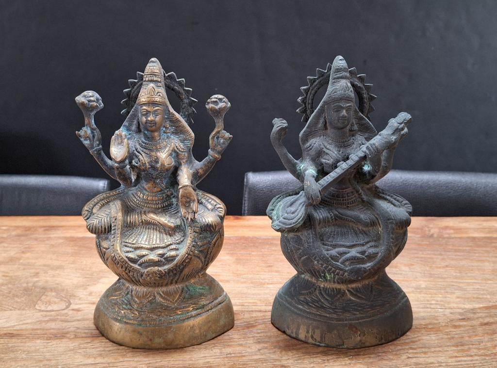 paar antieke bronzen beelden Lakshmi en Saraswati h= 22,5cm, Ophalen of Verzenden, Gebruikt
