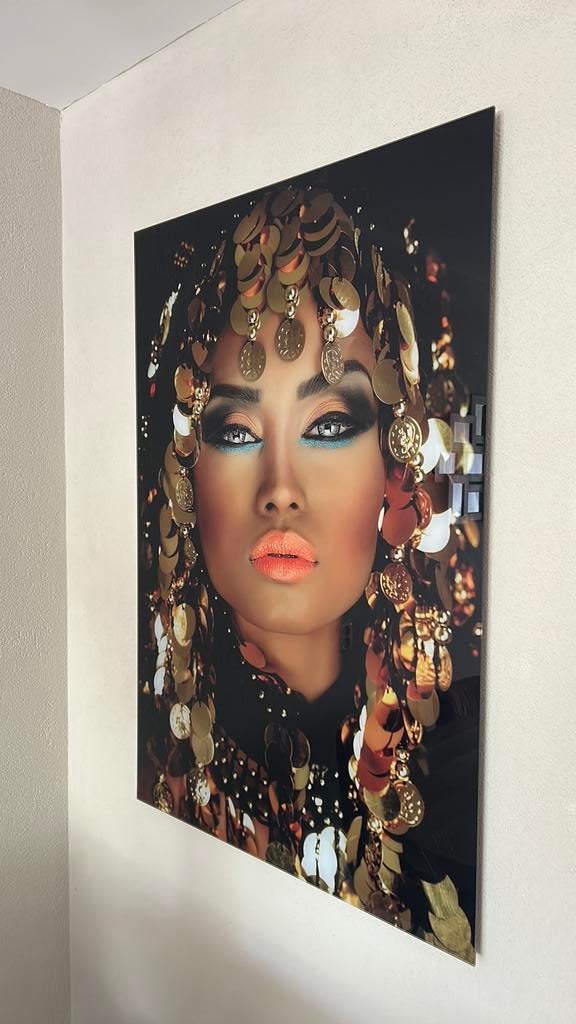Prachtige wanddecoratie vrouw met gouden munten 80x120cm, Ophalen, 75 tot 100 cm, 75 cm of meer, Print