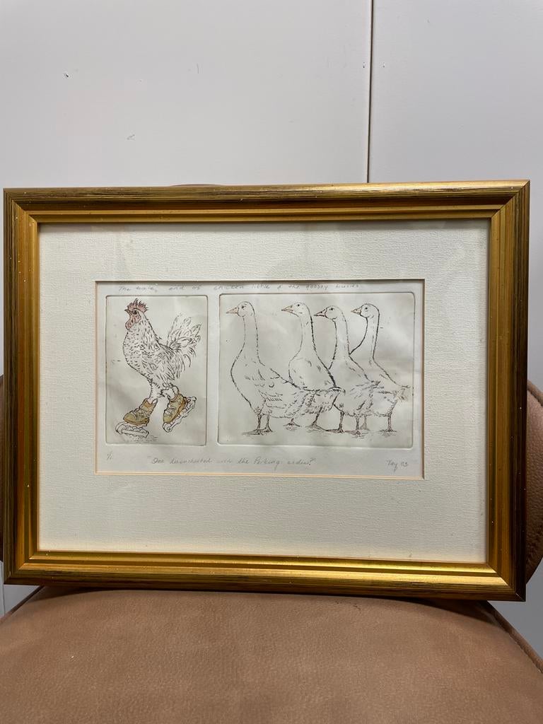 Unieke ets: Kip op rolschaatsen en ganzen, Antiek en Kunst, Kunst | Etsen en Gravures, Ophalen of Verzenden
