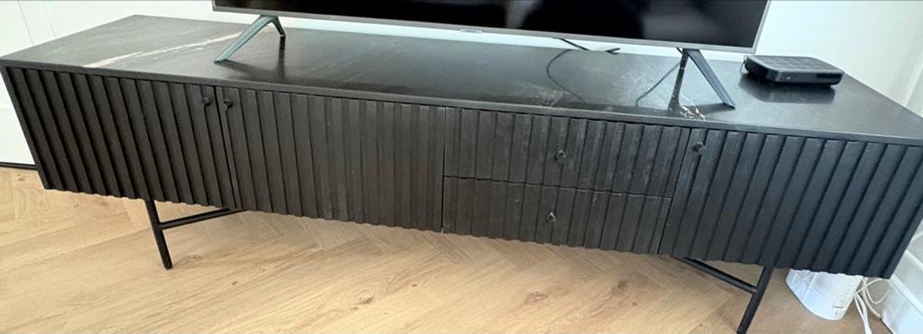 Zwart houten tv-meubel met marmeren blad 175cm, Huis en Inrichting, Kasten | Televisiemeubels, Zo goed als nieuw, Minder dan 100 cm