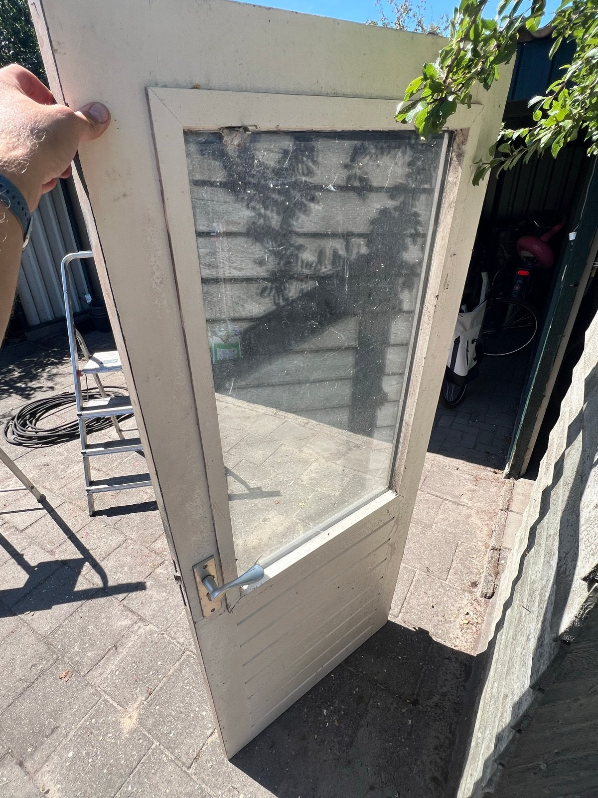 Stapeldorpeldeur zwaar hardhout met glas 201,5hoog 83cmbreed, Ophalen, Gebruikt, 80 tot 100 cm, Buitendeur