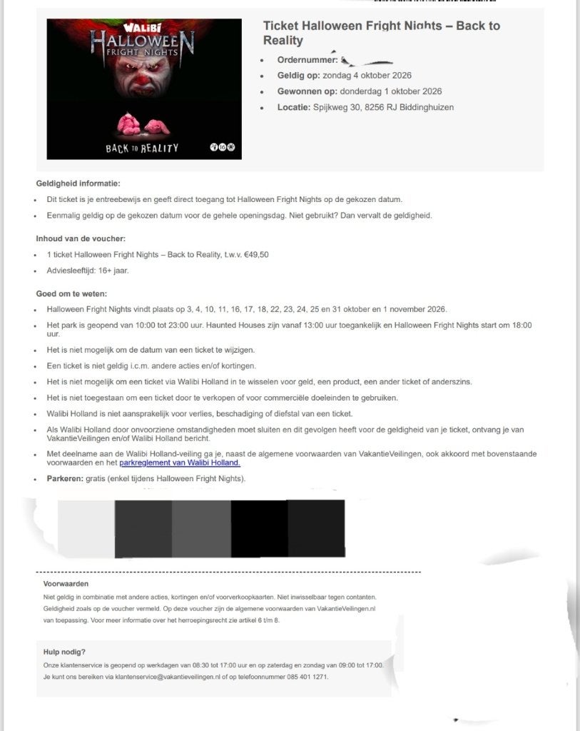 1 Walibi ticket Fright Night zondag 4 oktober incl parkeren, Eén persoon, Ticket of Toegangskaart