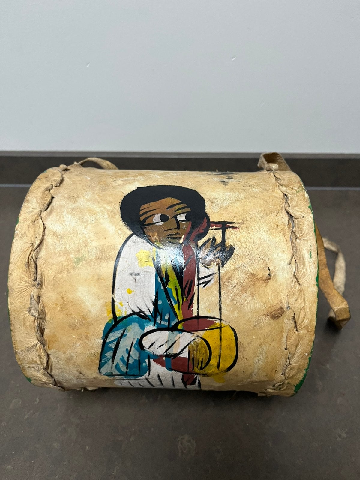 vintage Ethiopische handgeschilderde leren trommel., Ophalen of Verzenden