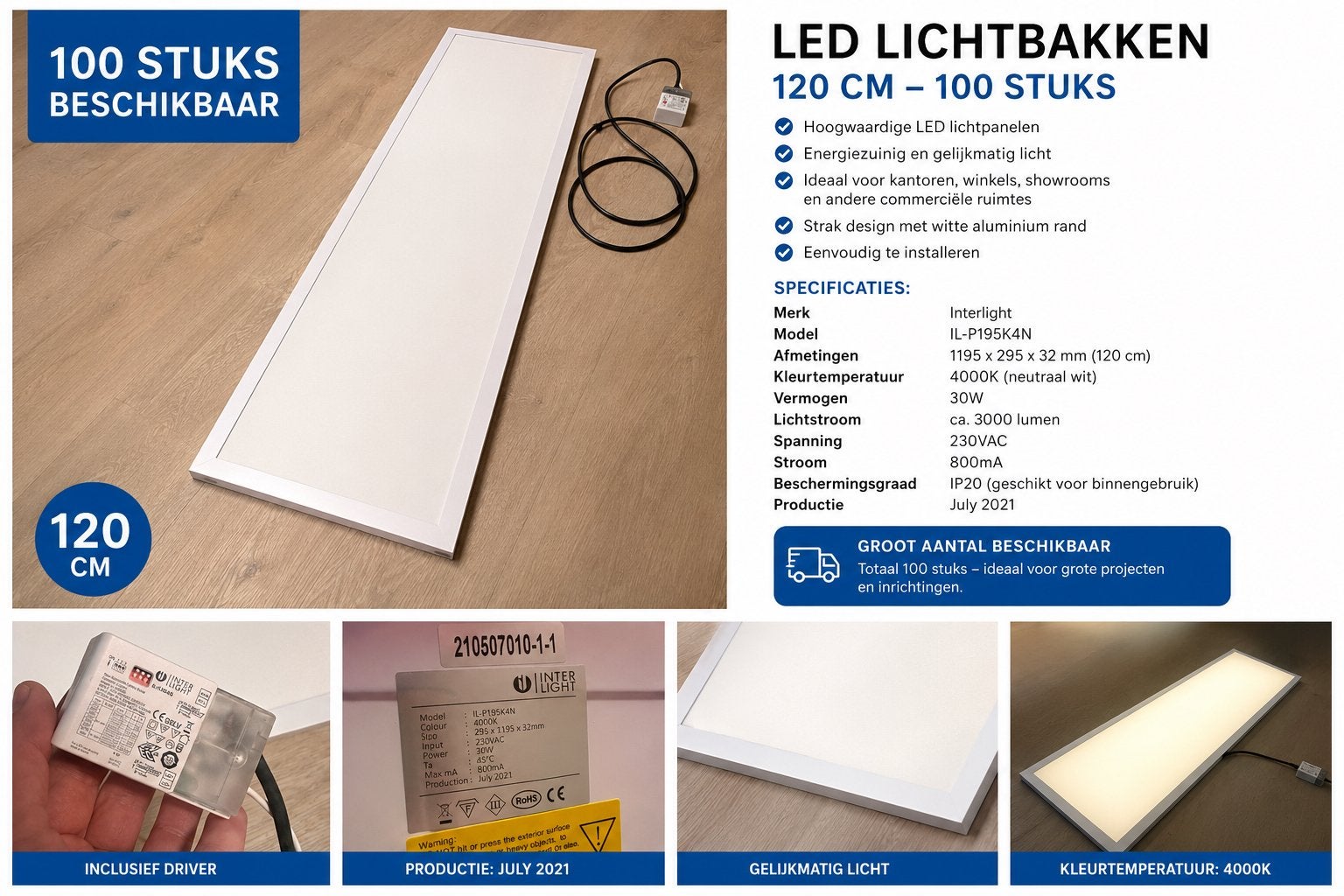 100x interlight LED Paneel 120 cm 30W – 4000K – driver, Ophalen, Gebruikt, TL- en paneelverlichting