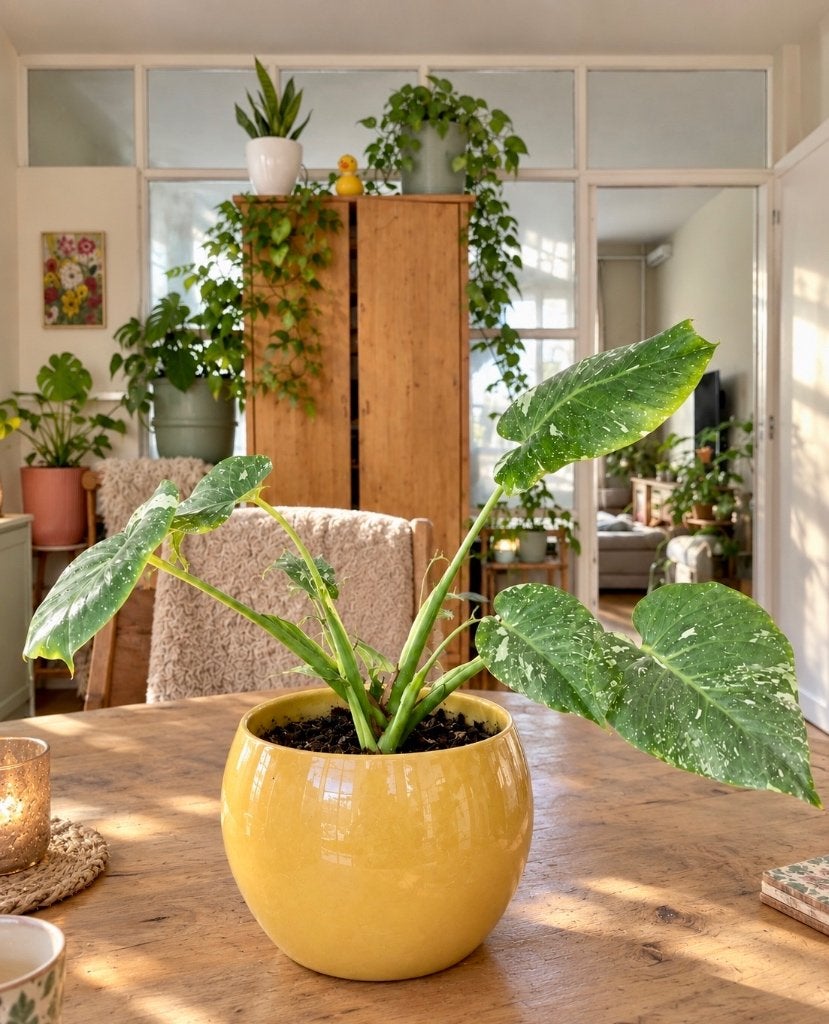 Monstera Thai Constellation in gele stenen bloempot, Overige soorten, In pot, Minder dan 100 cm, Groene kamerplant