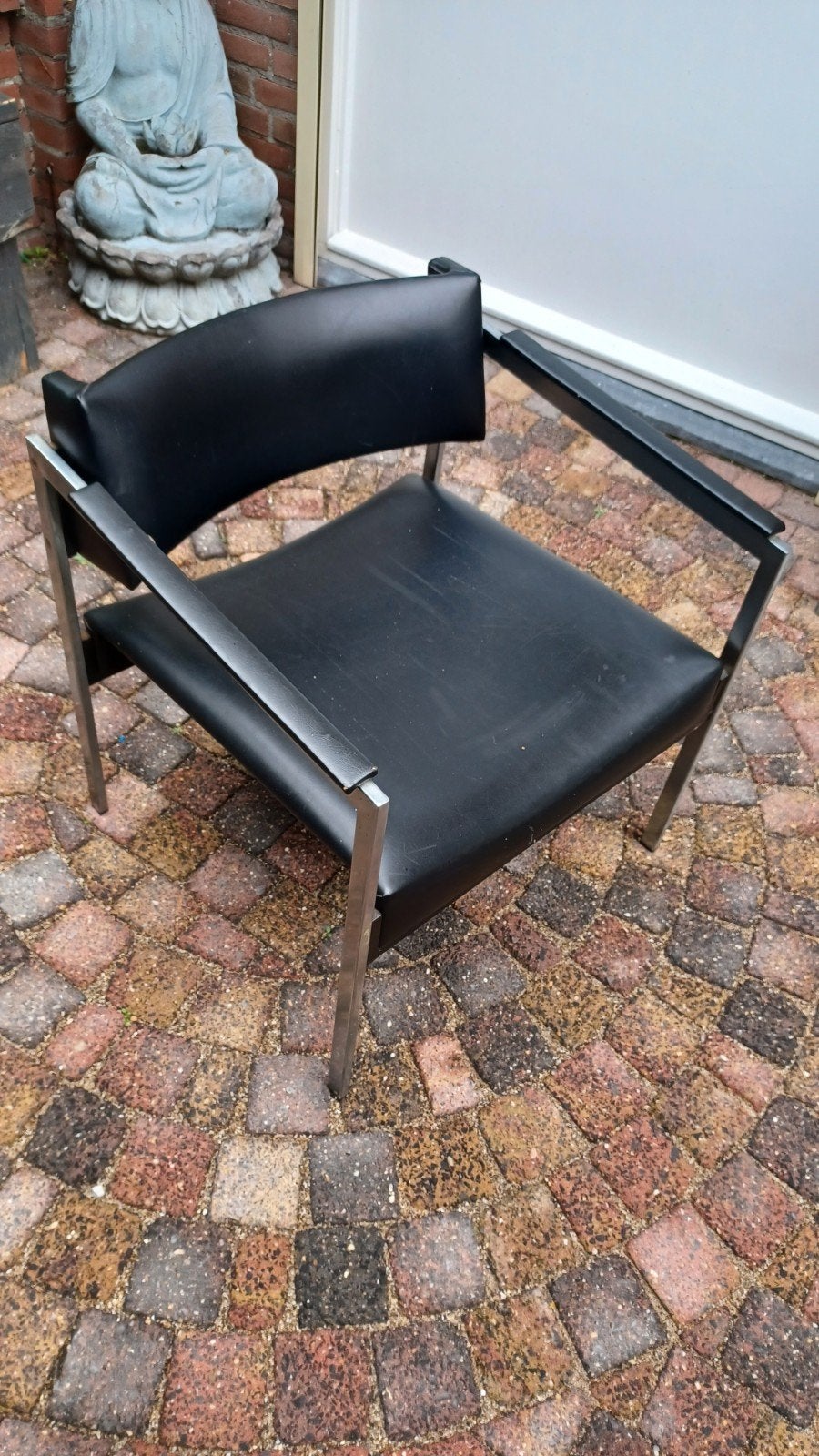 Vintage Kembo fauteuil, zwart skai leer en metaal, Ophalen, Gebruikt, Vintage, Mid-century modern, Zwart