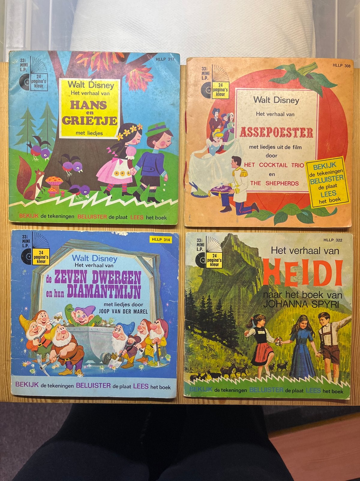 4x Walt Disney Mini LP's met Verhaal en Liedjes, Gebruikt, Originele persing, 7 inch, Ophalen of Verzenden