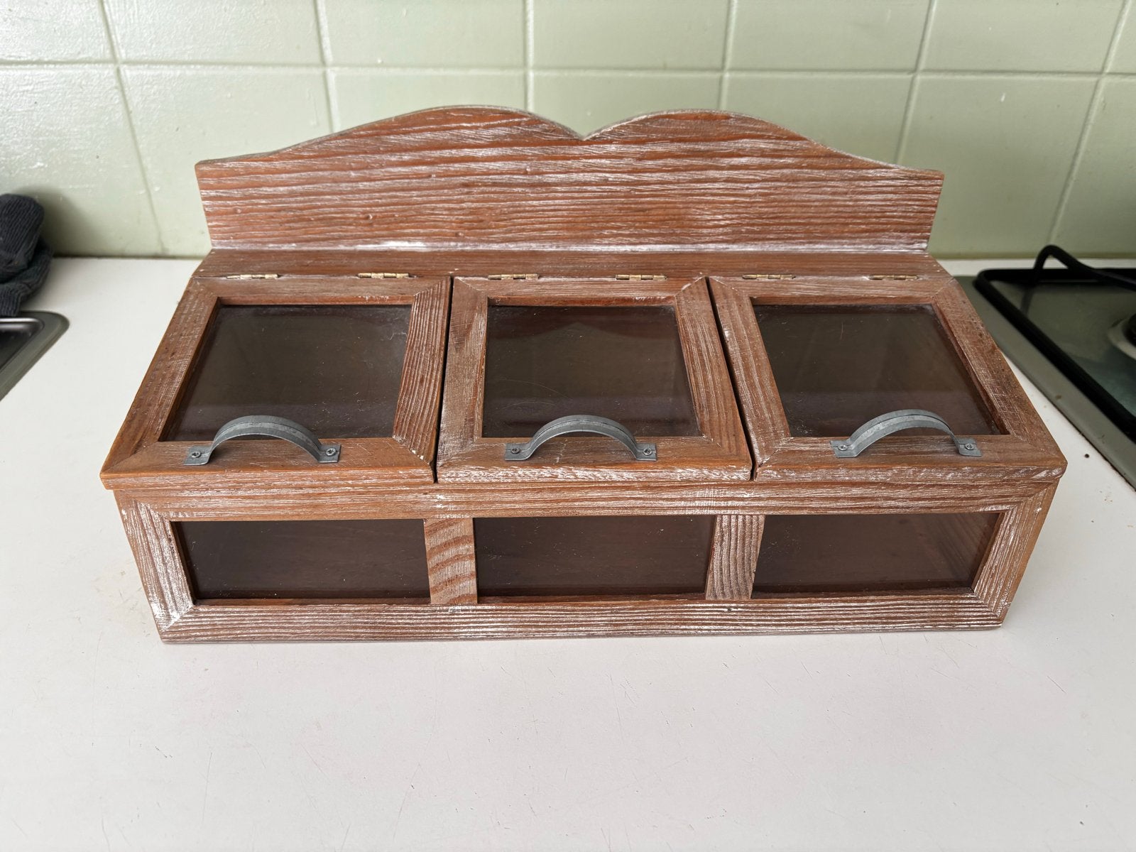 Houten kistje met 3 vakken en glazen deksels, Ophalen, Gebruikt, Hout, Theedoos