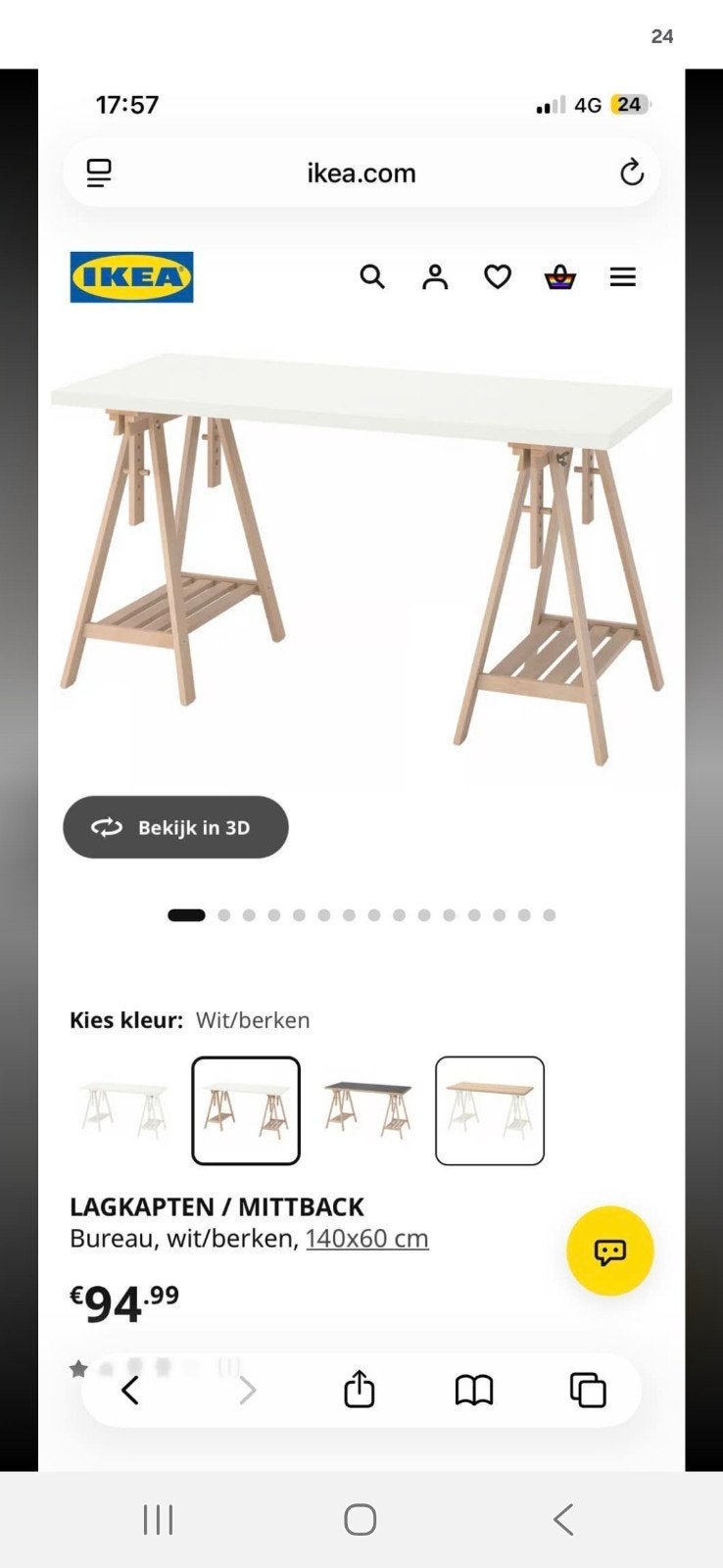 IKEA LAGKAPTEN / MITTBACK Bureau wit/berken 140x60 cm, Ophalen, Demontabel, Hout, Zo goed als nieuw