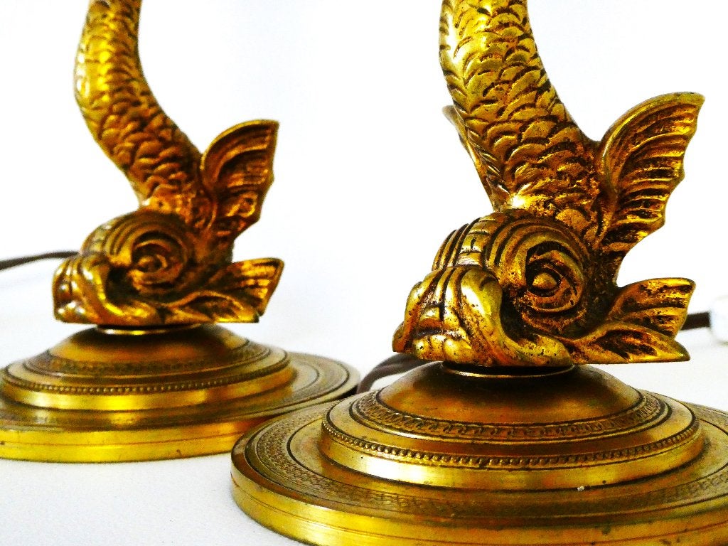 Set van 2 bronzen tafellampen schemerlamp met vis koi karper, Ophalen of Verzenden